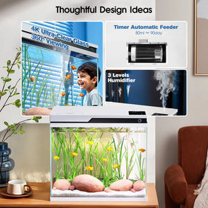 Fish tank with features highlighted on a wall, including 4K ultra-clear glass, timer automatic feeder, and 3 levels of humidifier.