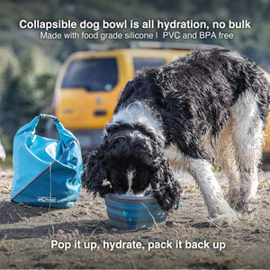 Dog drinking from a collapsible dog bowl with promotional text about its features at Pet Servo