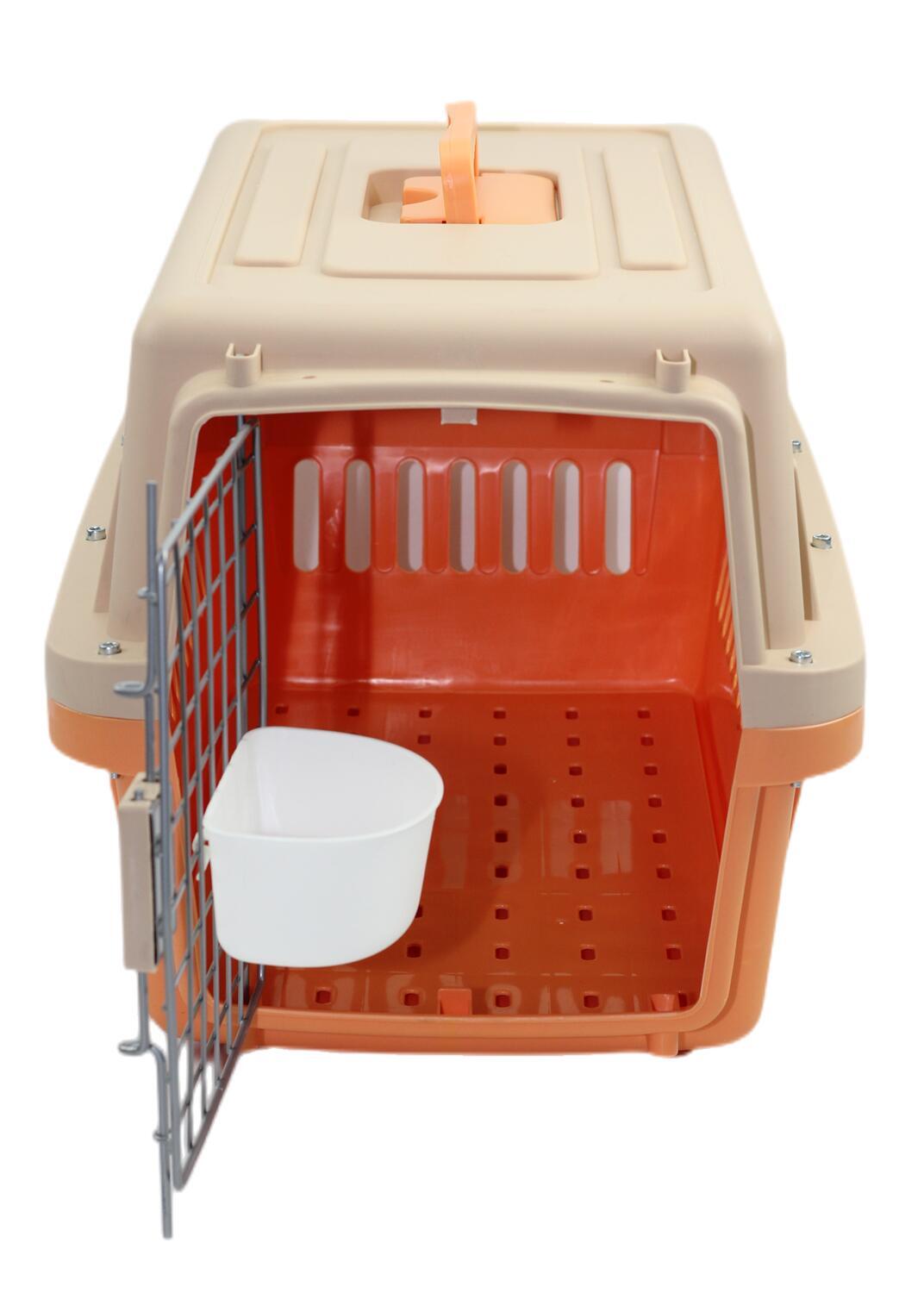 Pet carrier with orange interior and beige exterior on a white background at Pet Servo