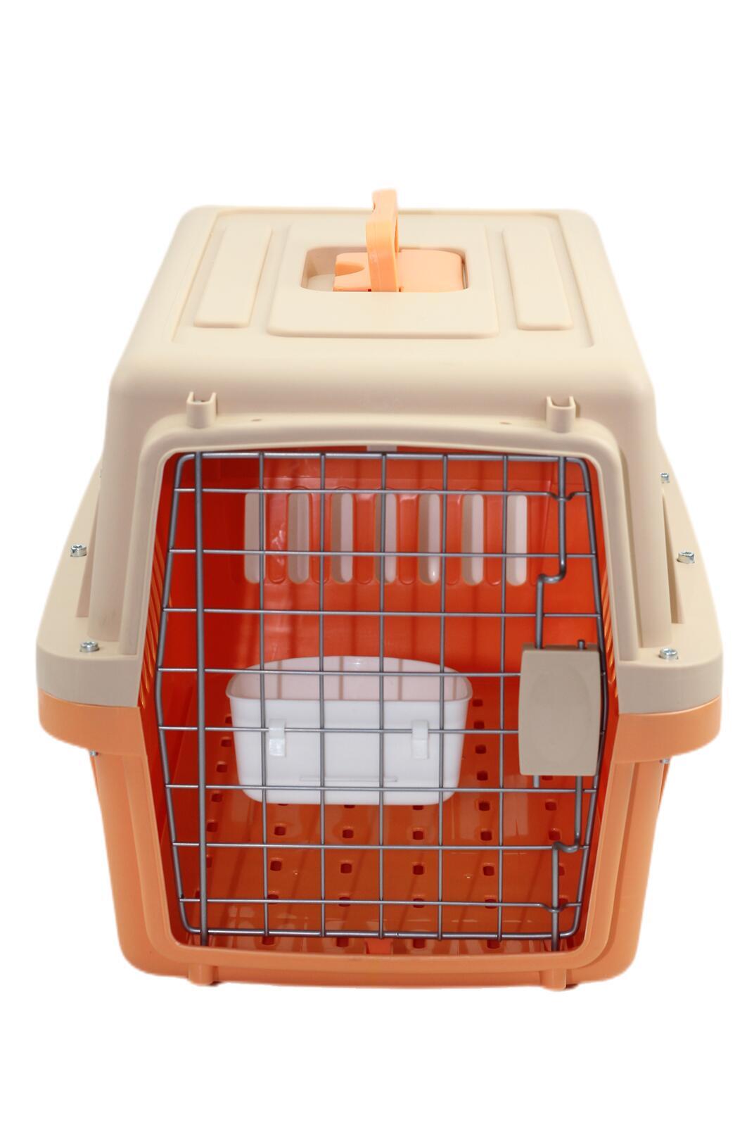 Pet carrier with orange interior and beige exterior on a white background at Pet Servo