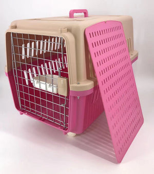 Pet carrier with pink and beige color scheme on a white background at Pet Servo