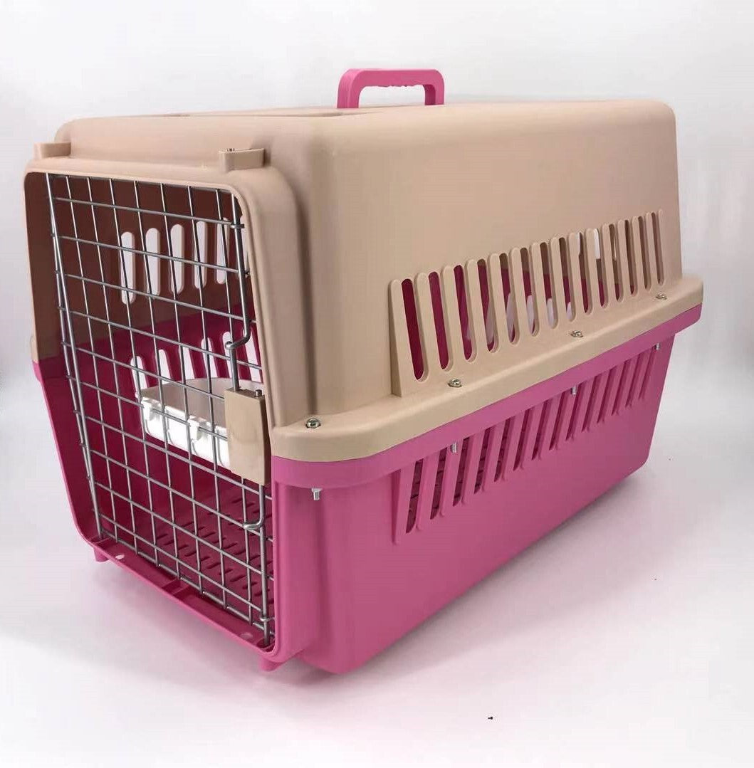 Pet carrier with pink and beige color scheme on a white background at Pet Servo