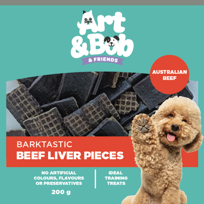 Dog treat package with 'Art & Bob & Friends' branding, featuring beef liver pieces and a dog on a teal background.