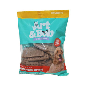 Package of Art & Bob & Friends Brownie Bites dog treats on a white background