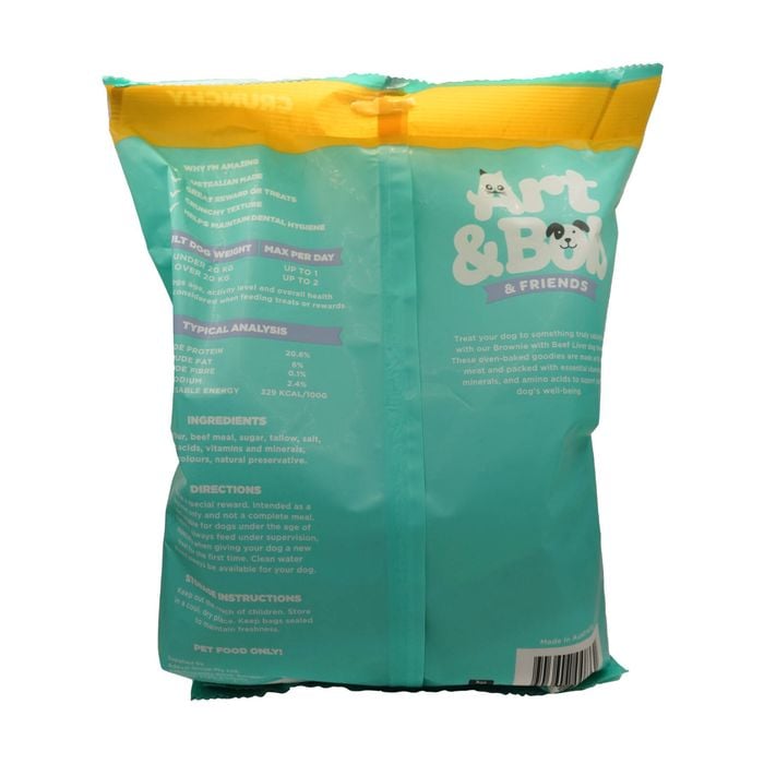 Teal pet food bag with yellow top and 'Art & Bear' branding on a white background
