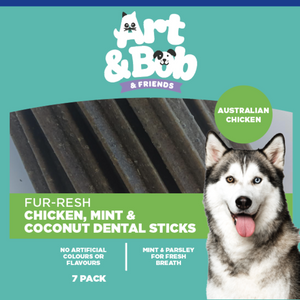Dog treat package with a husky dog and 'Art & Bob' branding on a teal background