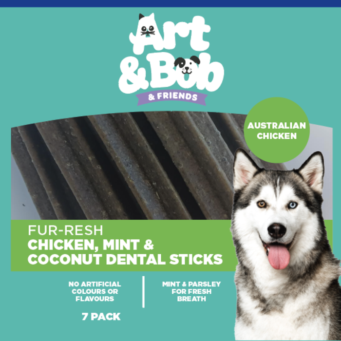 Dog treat package with a husky dog and 'Art & Bob' branding on a teal background