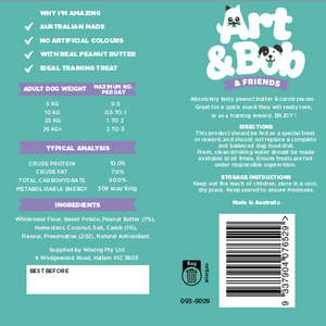 Back of a product packaging with text and branding for 'Art & Bob & Friends' on a teal background.