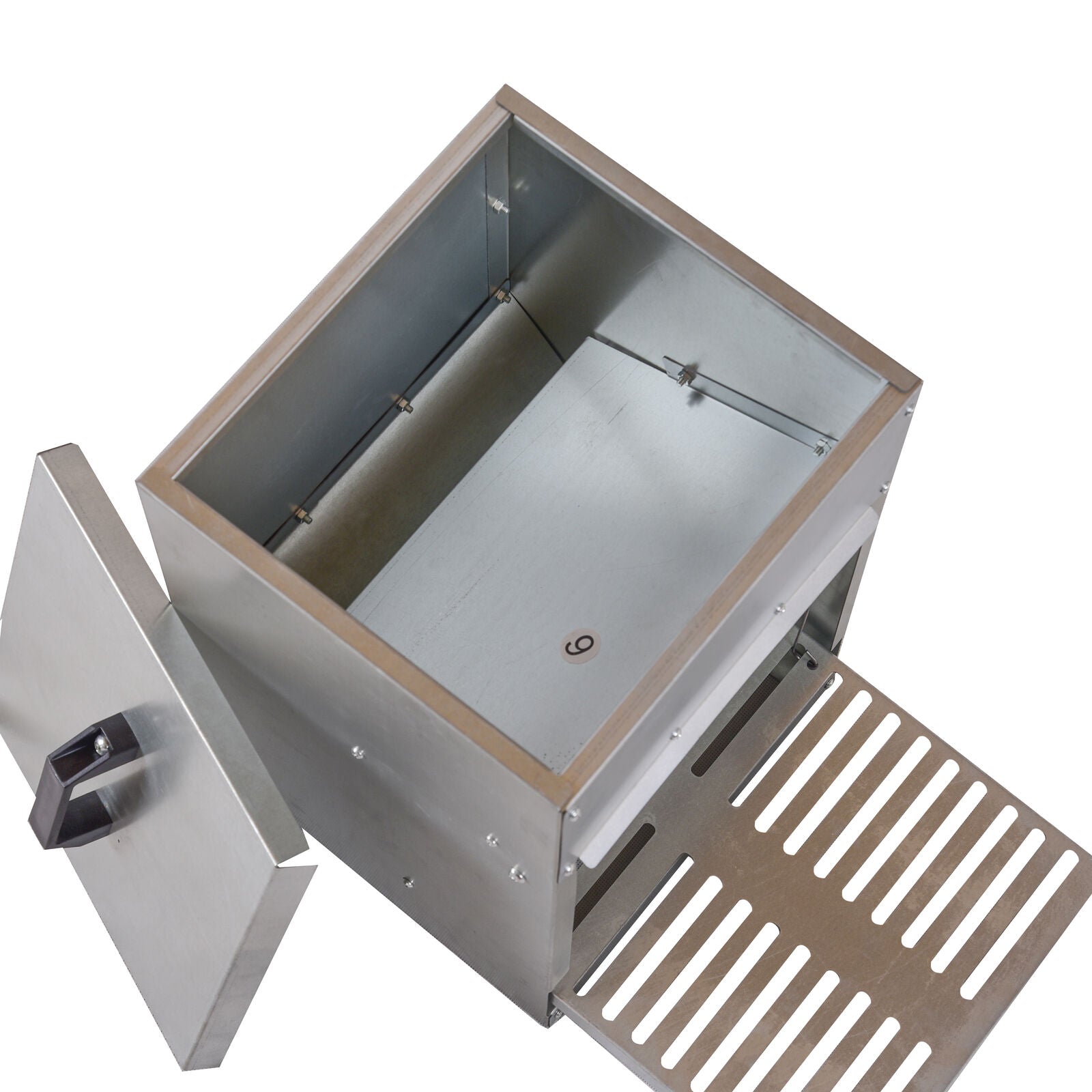 Metallic box with open lid on a white background at Pet Servo