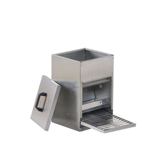 Stainless steel outdoor grill with open lid on a white background at Pet Servo