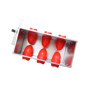 Red plastic cups in a metal holder on a white background at Pet Servo