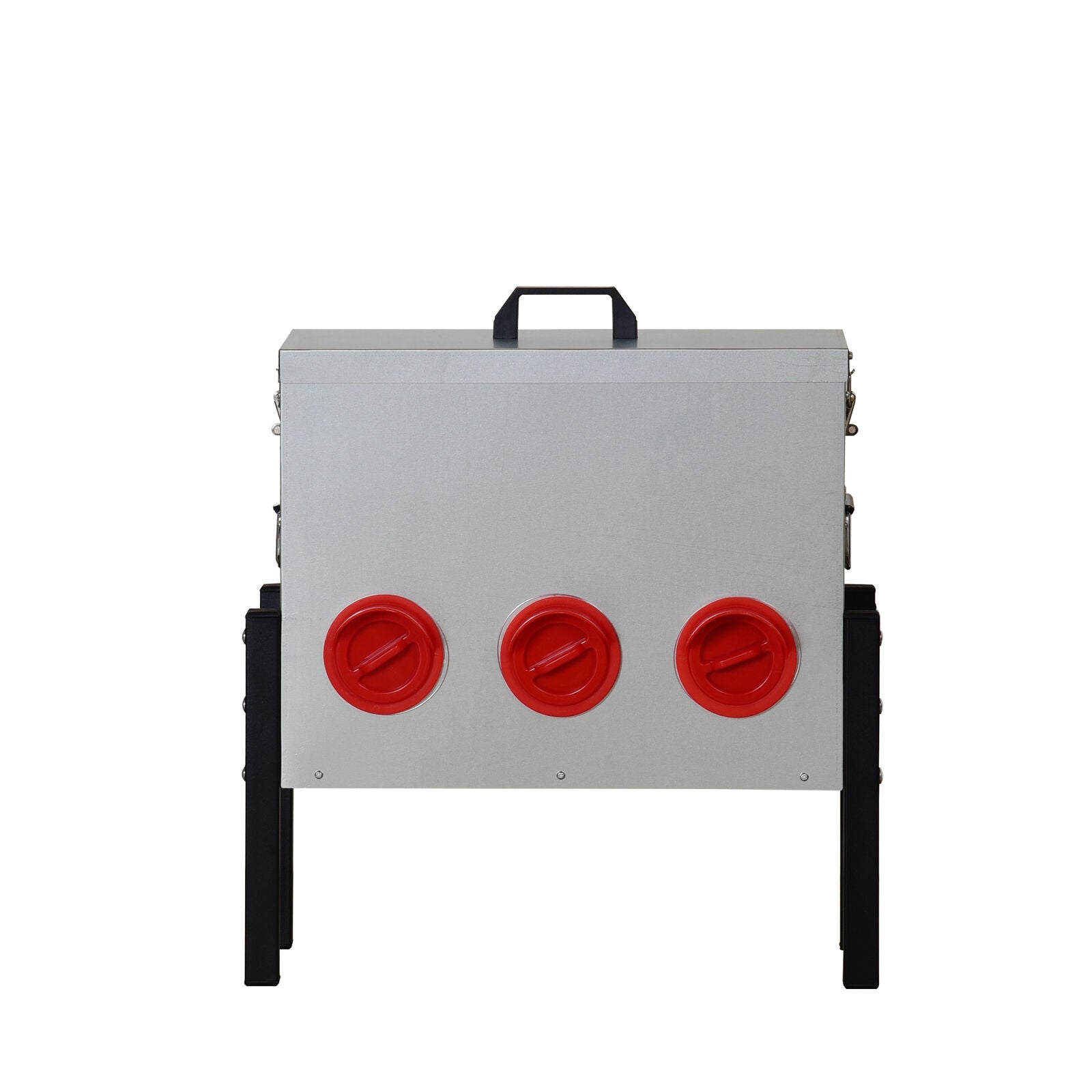 Metallic container with three red knobs on a white background at Pet Servo