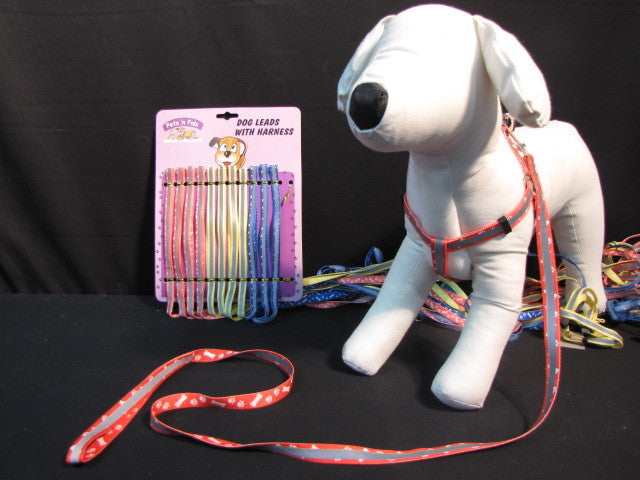 Plush dog toy with a harness and leash on a black background at Pet Servo