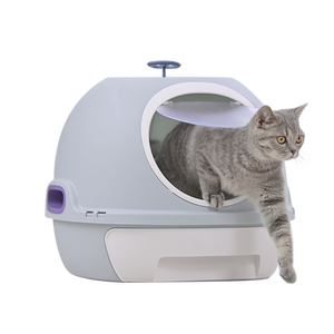 Cat standing inside a modern pet litter box on a white background at Pet Servo