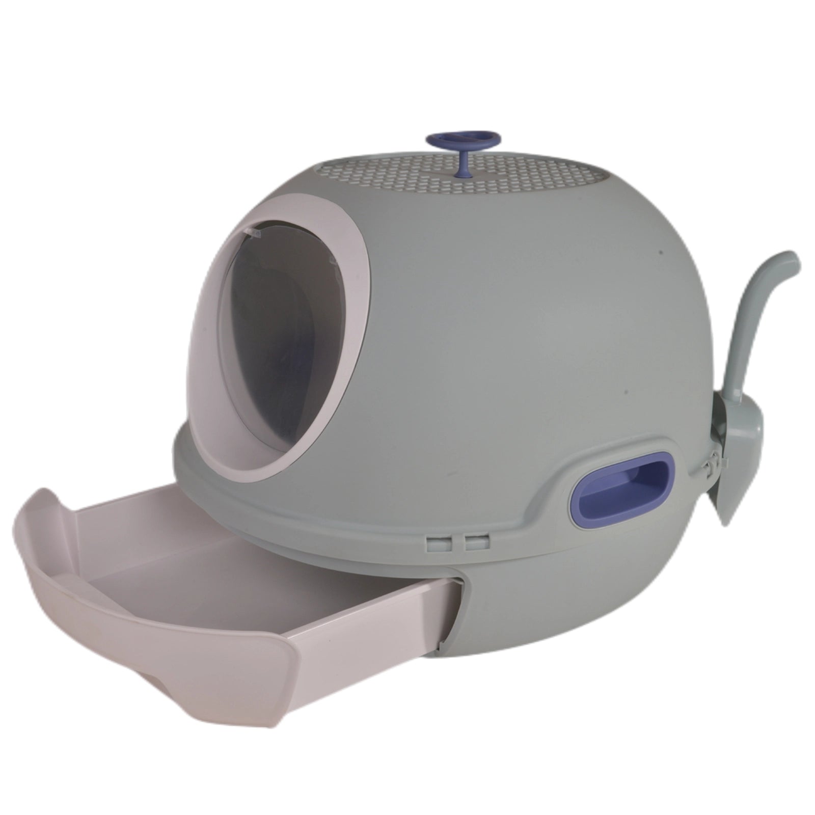 Gray pet litter box with a blue top on a white background at Pet Servo