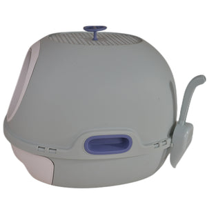 Gray and purple pet litter box on a white background at Pet Servo