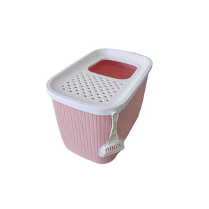 Pink laundry basket with a white lid on a white background at Pet Servo