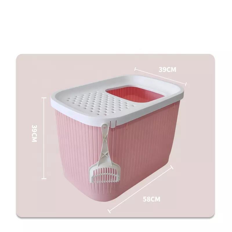 Pink pet litter box with dimensions on a light pink background at Pet Servo