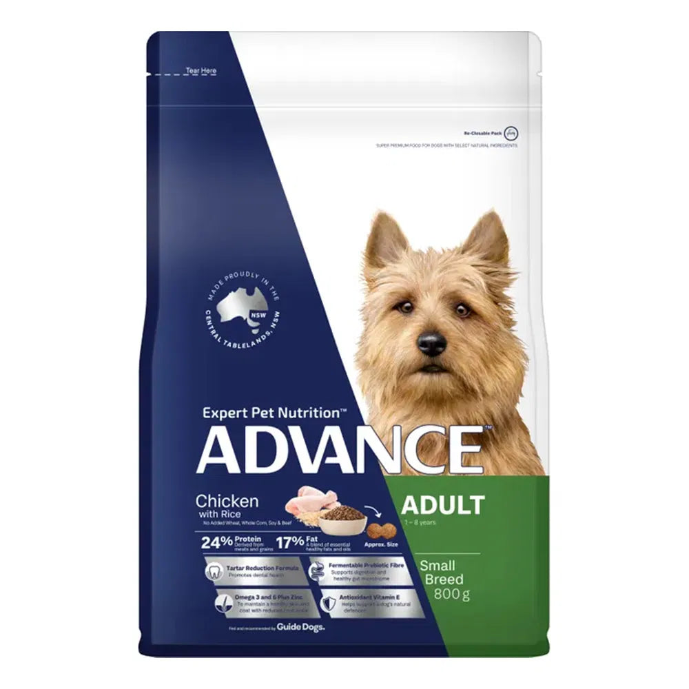 Advance dog food package for small breeds with a blue and white design at Pet Servo
