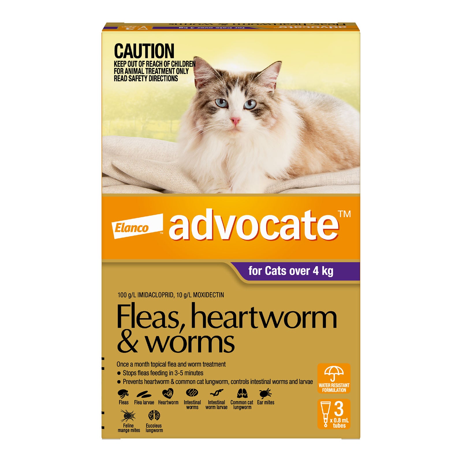 Advocate cat dewormer packaging with a cat on a white background at Pet Servo