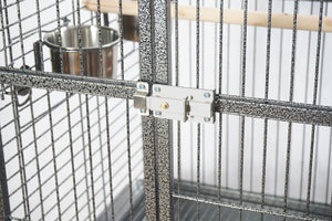 Close-up of a bird cage with a metal lock on a white background at Pet Servo