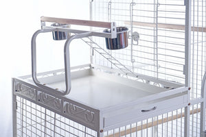 Bird cage with a perch and two metal bowls on a white background at Pet Servo