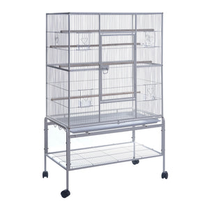A large silver metal bird cage with multiple levels, wooden perches, and a wheeled stand on a plain white background at Pet Servo