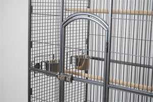 Bird cage with wire mesh and wooden perches on a light gray background at Pet Servo