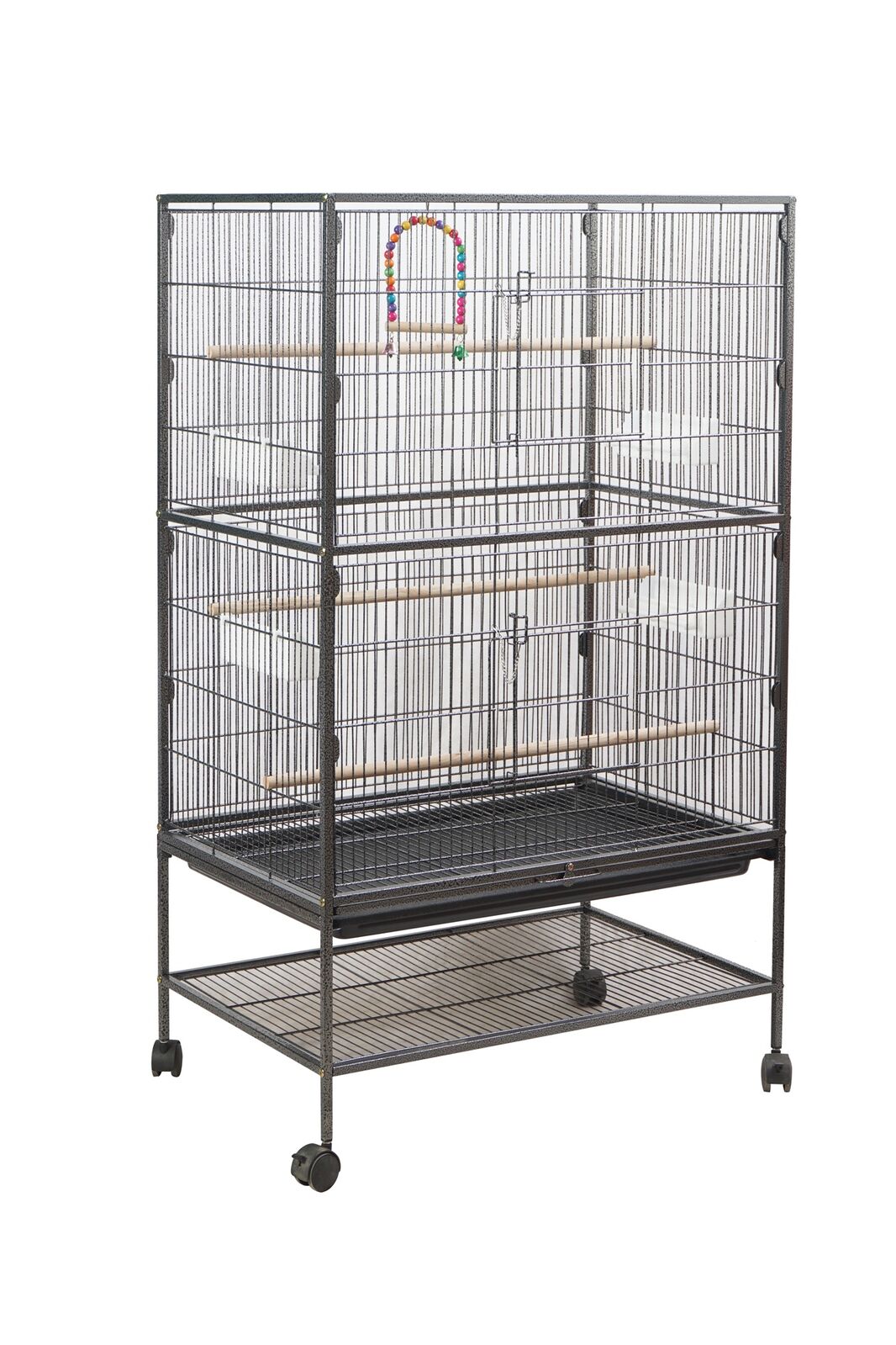 Large bird cage with multiple levels and a swing on a white background at Pet Servo