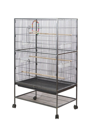 Bird cage with multiple levels and a stand on a white background at Pet Servo