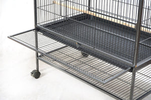 Large metal bird cage on wheels with multiple levels on a white background at Pet Servo