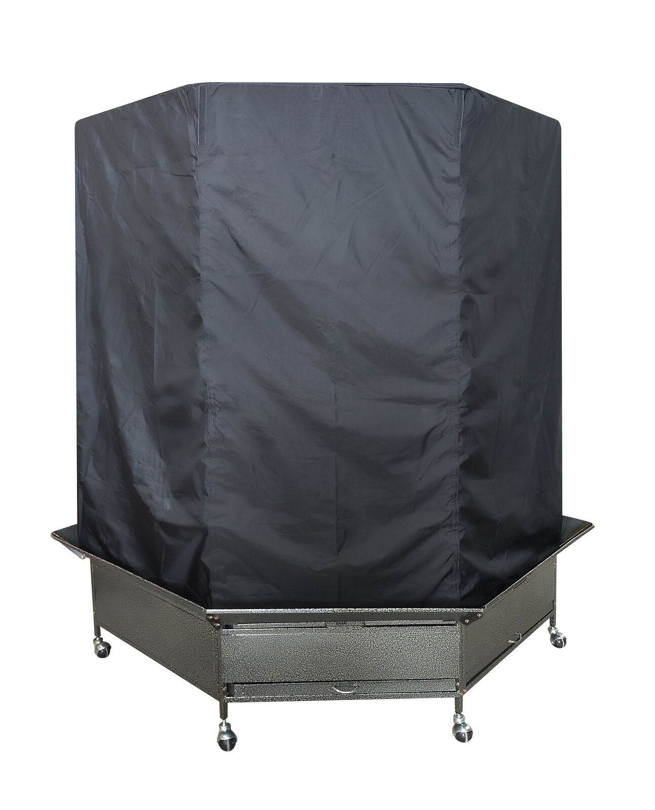 Black protective cover on a metal stand with wheels against a white background at Pet Servo