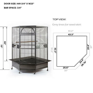 Dimensions and specifications of a bird cage on a white background at Pet Servo
