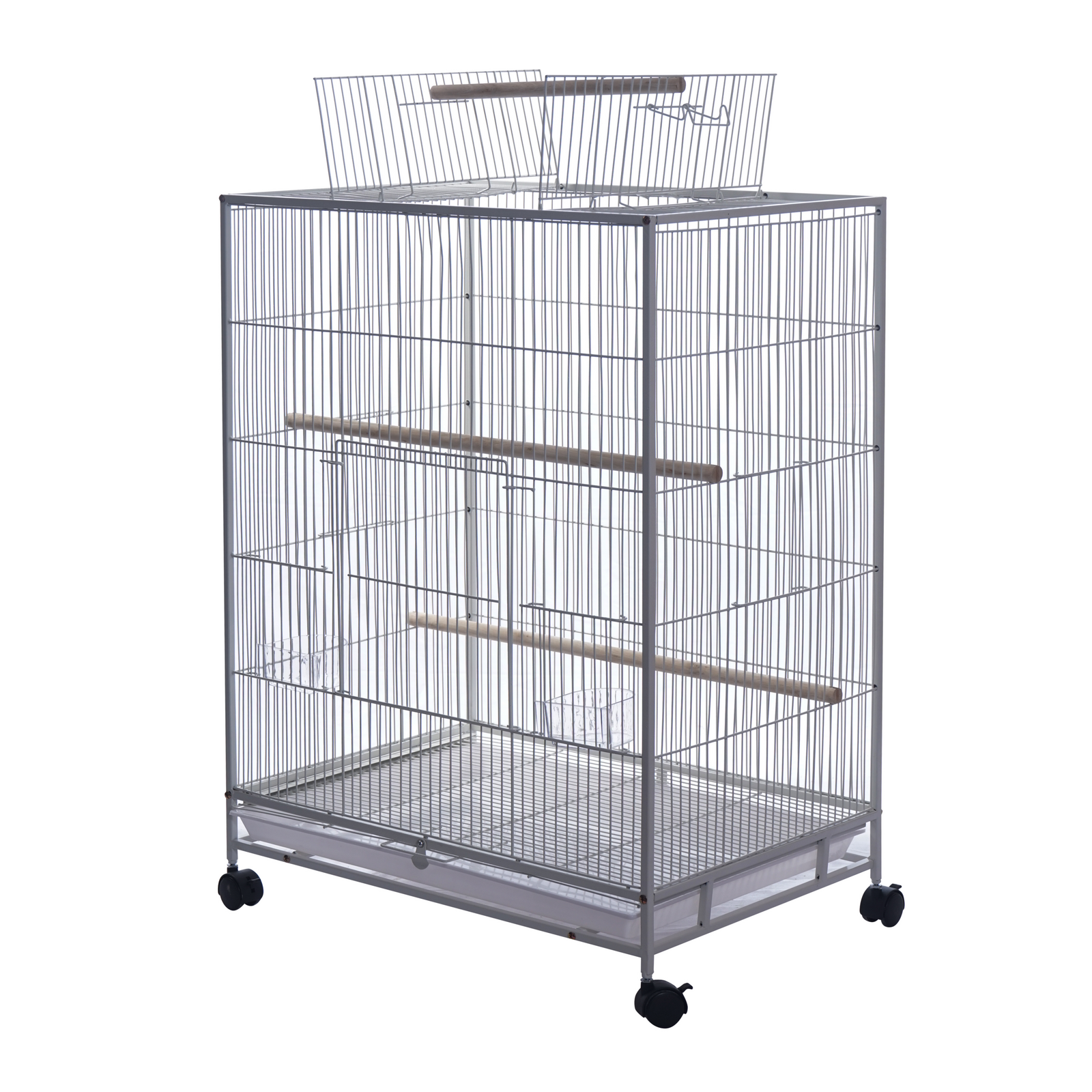 Large bird cage with multiple levels and wheels on a white background at Pet Servo
