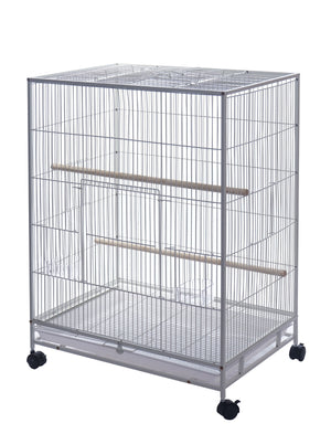 Bird cage with multiple levels and wheels on a white background at Pet Servo