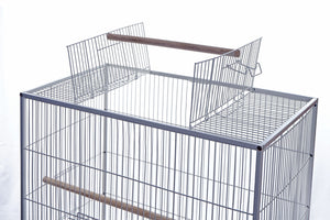 Wire bird cage with wooden accents on a white background at Pet Servo