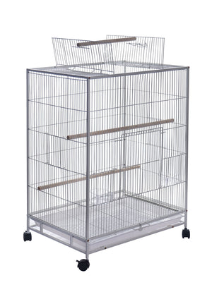 Large bird cage with multiple levels and wheels on a white background at Pet Servo
