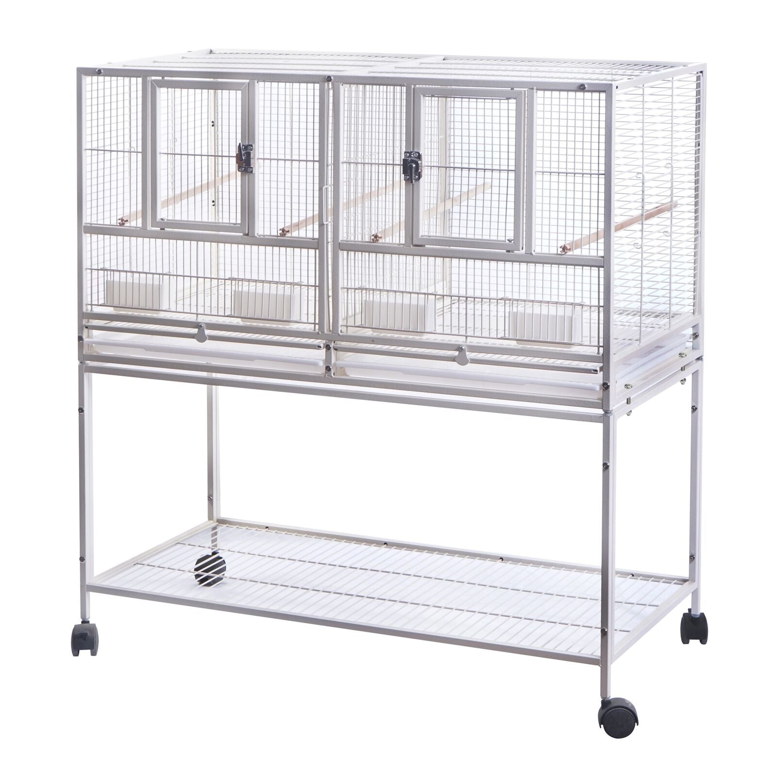 Large bird cage with multiple compartments on wheels against a white background at Pet Servo