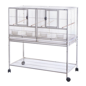 Large bird cage with multiple compartments on wheels against a white background at Pet Servo