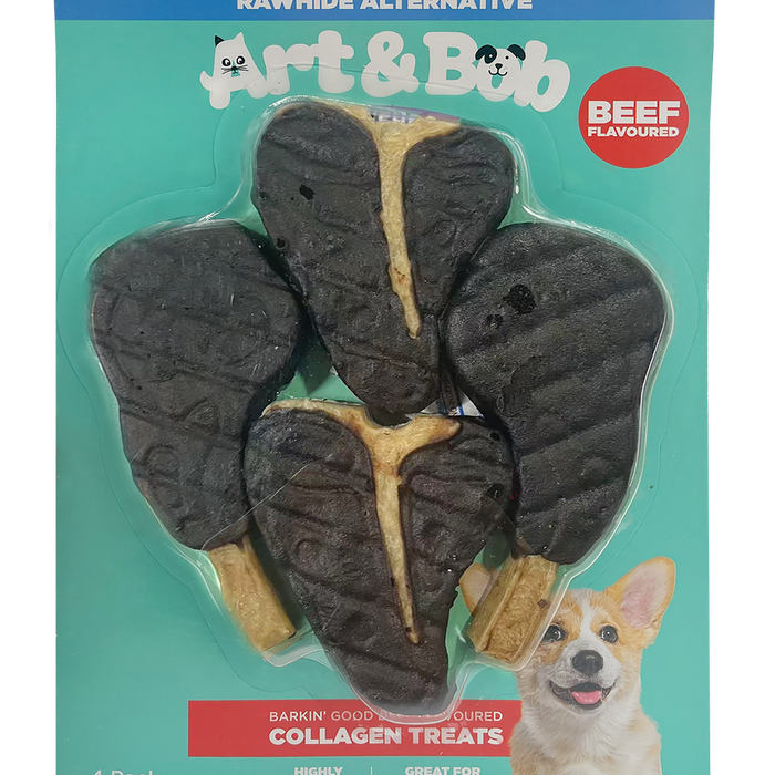 Pack of beef-flavored collagen treats for dogs with 'Art & Bob' branding on a teal background at Pet Servo