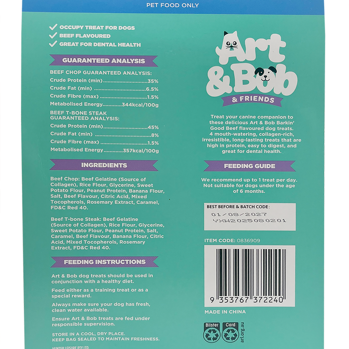 Back of a pet food packaging with text and graphics, featuring 'Art & Bob & Friends' branding at Pet Servo