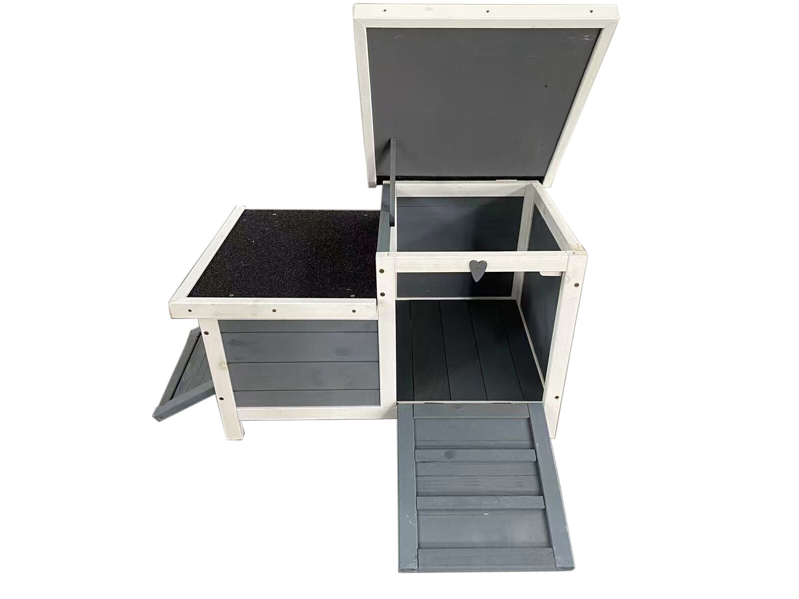 Wooden pet house with a gray interior on a white background at Pet Servo