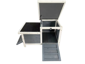 Wooden pet house with a gray interior on a white background at Pet Servo