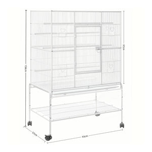 White metal bird cage with a wheeled stand, shown with dimension lines indicating height, width, and depth measurements at Pet Servo