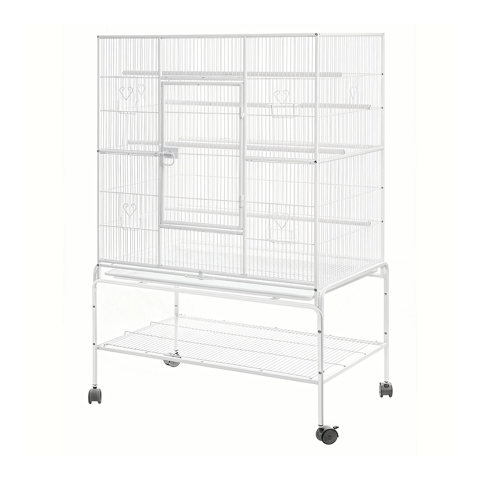 A large white wire bird cage with multiple perches, a front entry door, and a lower storage shelf on a wheeled metal stand, shown against a plain white background at Pet Servo