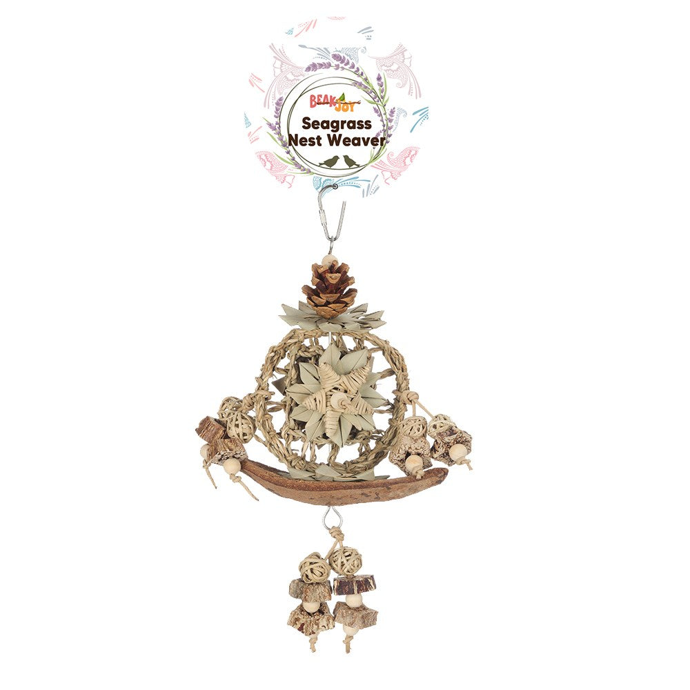 Decorative seagrass nest with natural elements on a white background at Pet Servo