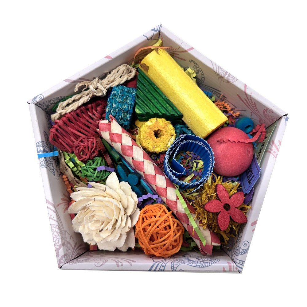 Assorted colorful cat toys in a box on a white background at Pet Servo