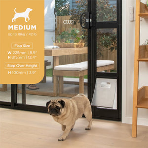 A pug stands in a home interior doorway with a pet door flap installed, while an orange size callout on the left reads MEDIUM with flap size measurements. The scene includes a real indoor/outdoor environment and an animal, so this is Lifestyle rather than Product/Packaging or Measurement Chart at Pet Servo