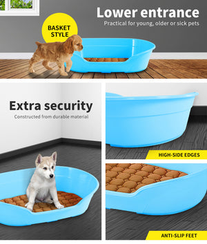Pet litter box with features highlighted on a wooden floor at Pet Servo