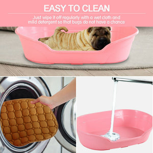 Pink pet litter box with a dog inside, cleaning instructions, and a washing machine at Pet Servo